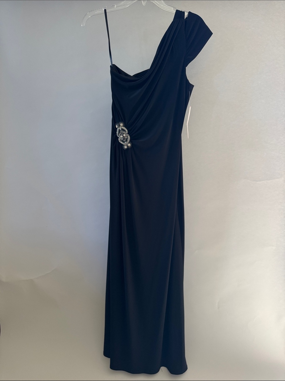 Eliza J One-Shoulder Black Evening Gown with Rhinestone Brooch